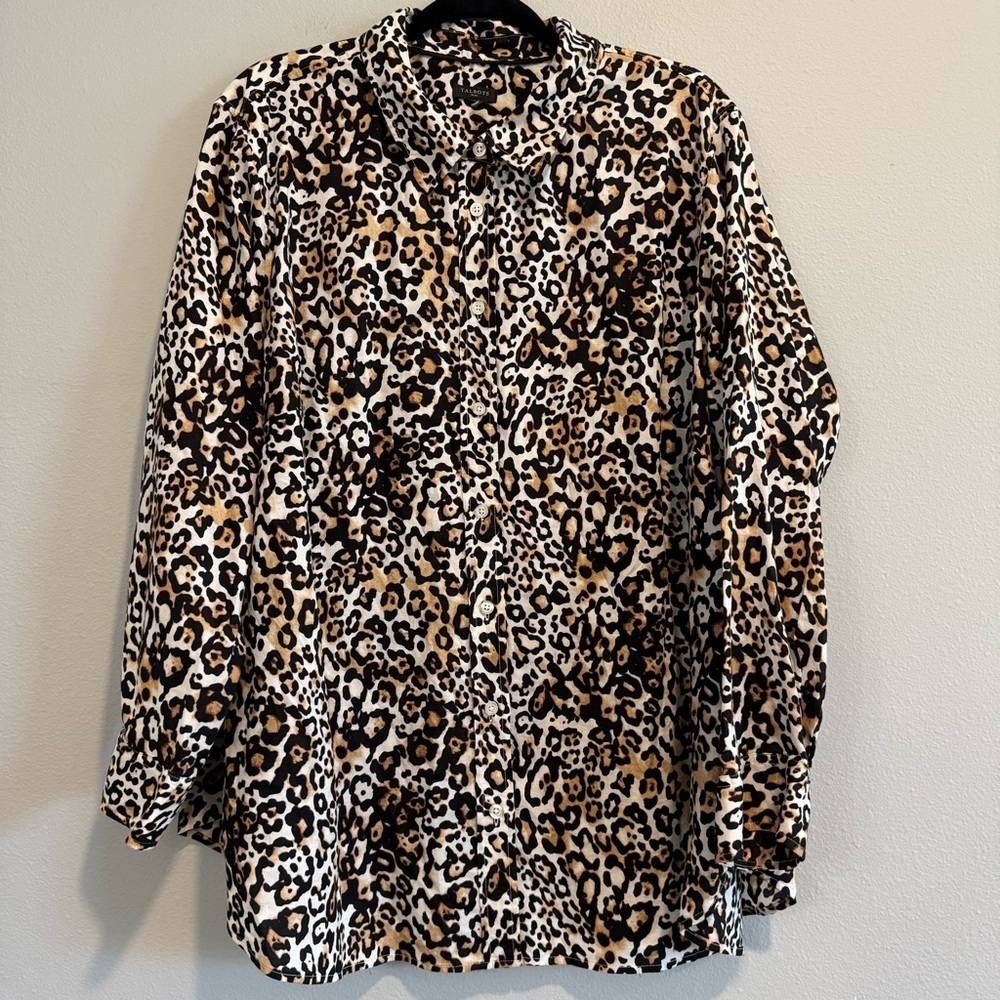 Talbots Plus Leopard Print Button-Up Shirt Long Sleeve Office 3X